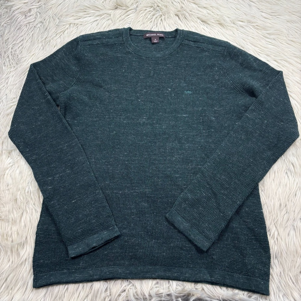 Michael Kors Men's M Green Speckled Waffle Knit Sweater Cotton Wool Preppy Herit
